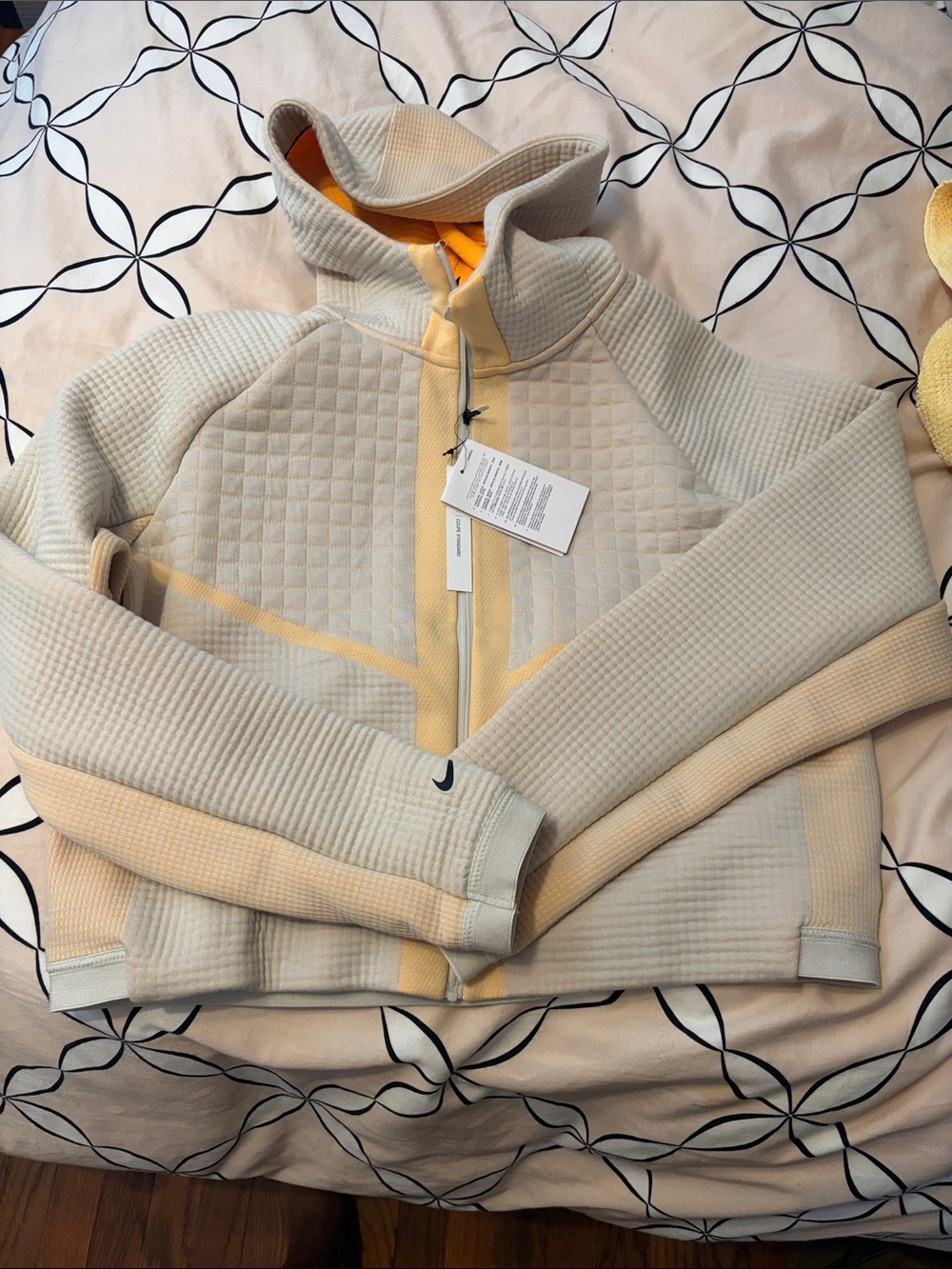 Nike Quilted Hooded Jacket in Pale Yellow and Light Gray